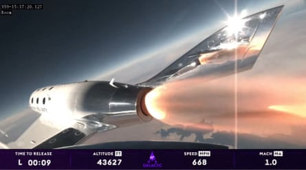 A still image taken from a video from Virgin Galactic shows the launch of Virgin Galactic's private astronaut mission Galactic 02 on 10 August.