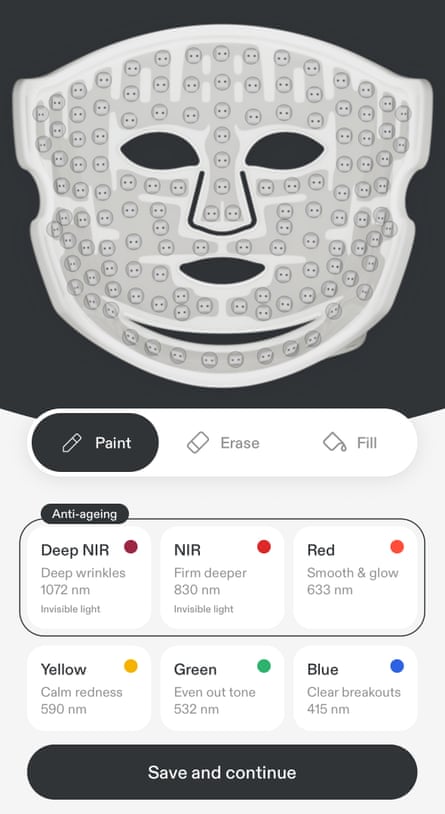 App screen for designing an LED mask, showing colour-coded light settings
