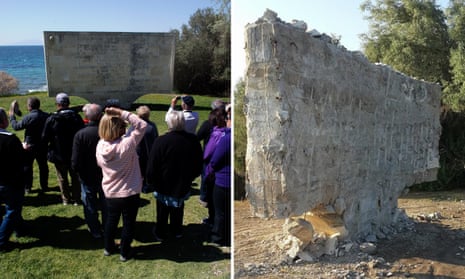 Left: tourists visit the memorial with the inscription of what are claimed to be Mustafa Kemal Atatürk’s words to the mothers in Anzac Cove in April 2015; right: the memorial in June 2017