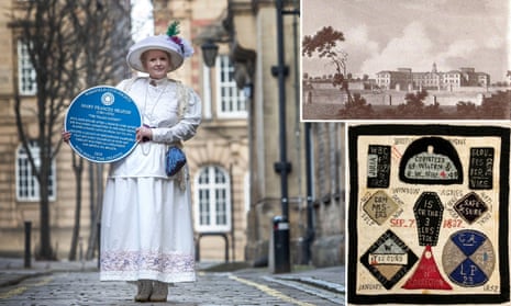 Main image: Sarah Cobham standing near Wakefield town hall with the blue plaque dedicated to Mary Francis Heaton; West Riding Pauper Lunatic Asylum, in 1818 (top right); embroidery by Heaton (lower right) from 1852.