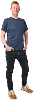 Alex, with short blond hair, black jeans and a navy T-shirt