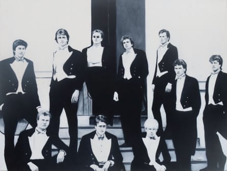A painting of a black and white photo of members of the Bullingdon Club at the University of Oxford, UK, including former UK prime ministers David Cameronand Boris Johnson