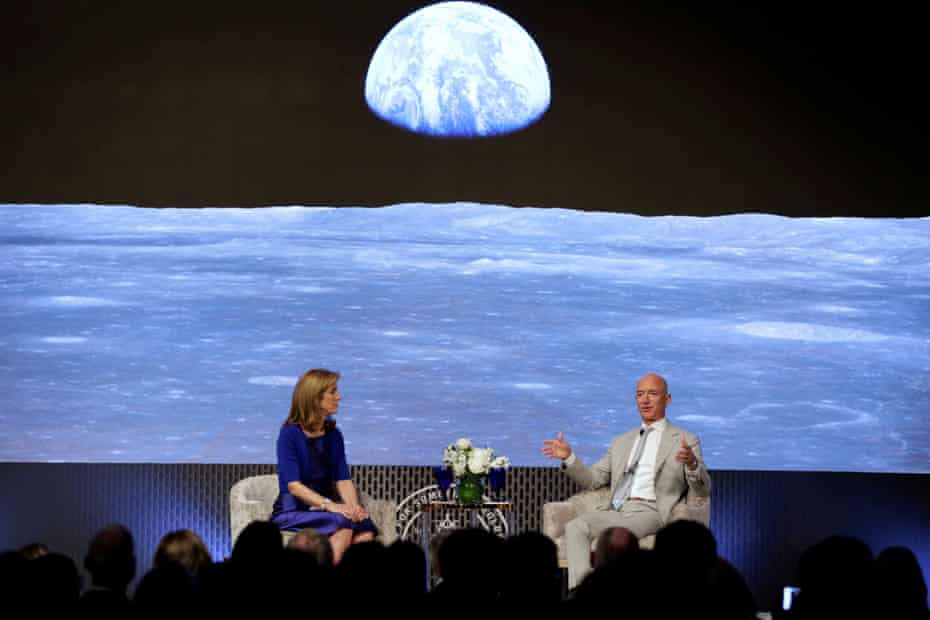 Caroline Kennedy and Jeff Bezos have a fireside chat during the JFK Space Summit in Boston in 2019.