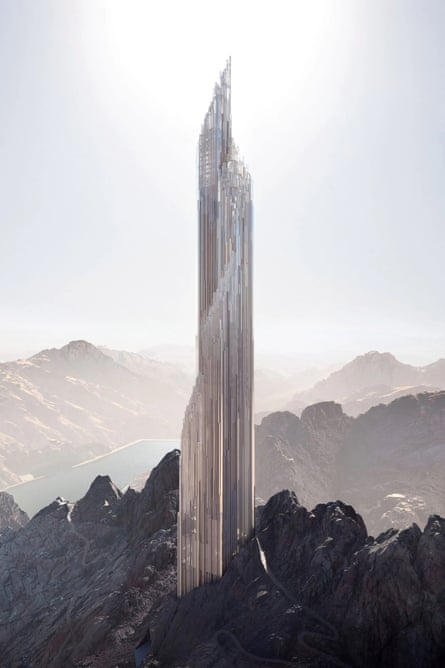 A spiralling silver tower in the mountains