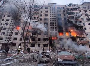 A screen grab taken from the Ukraine’s emergency services official Telegram account of afire at an apartment building in Kviv this morning.