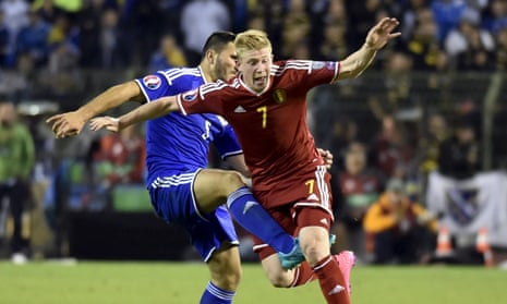 Kevin De Bruyne is hacked by Bosnia-Herzegovina’s<strong> </strong>Sead<strong> </strong>Kolasinac during Belgium’s Euro 2016 qualifying comeback win in Brussels.