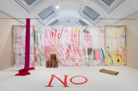 The word ‘No’ painted on the floor in red as part of the Un-Fair-Ground installation by Delaine Le Bas
