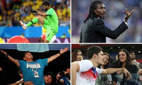 Brazil’s goalkeeper Alisson, Senegal coach Aliou Cissé, Diego Maradona and Harry Maguire’s partner Fern Hawkins