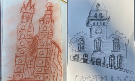 two drawings in pencil by author Josh Nicholas, the left an blockier image of a building in orange pencil, the right a more detailed pen image of a building in the rocks