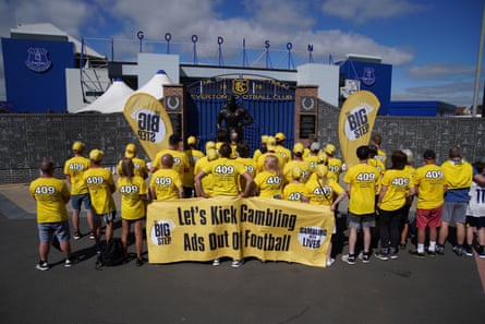 A walk organised by The Big Step to demand gambling reform, outside Everton’s Goodison Park this summer.