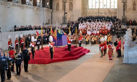 The coffin carrying Queen Elizabeth II rests in Westminster Hall for the lying in state