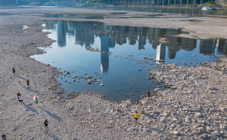 The dried-out riverbed of the Jialing River in Chongqing, China.