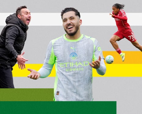 A composite of Roberto De Zerbi shouting, Rayan Cherki celebrating and Rio Ngumoha dribbling