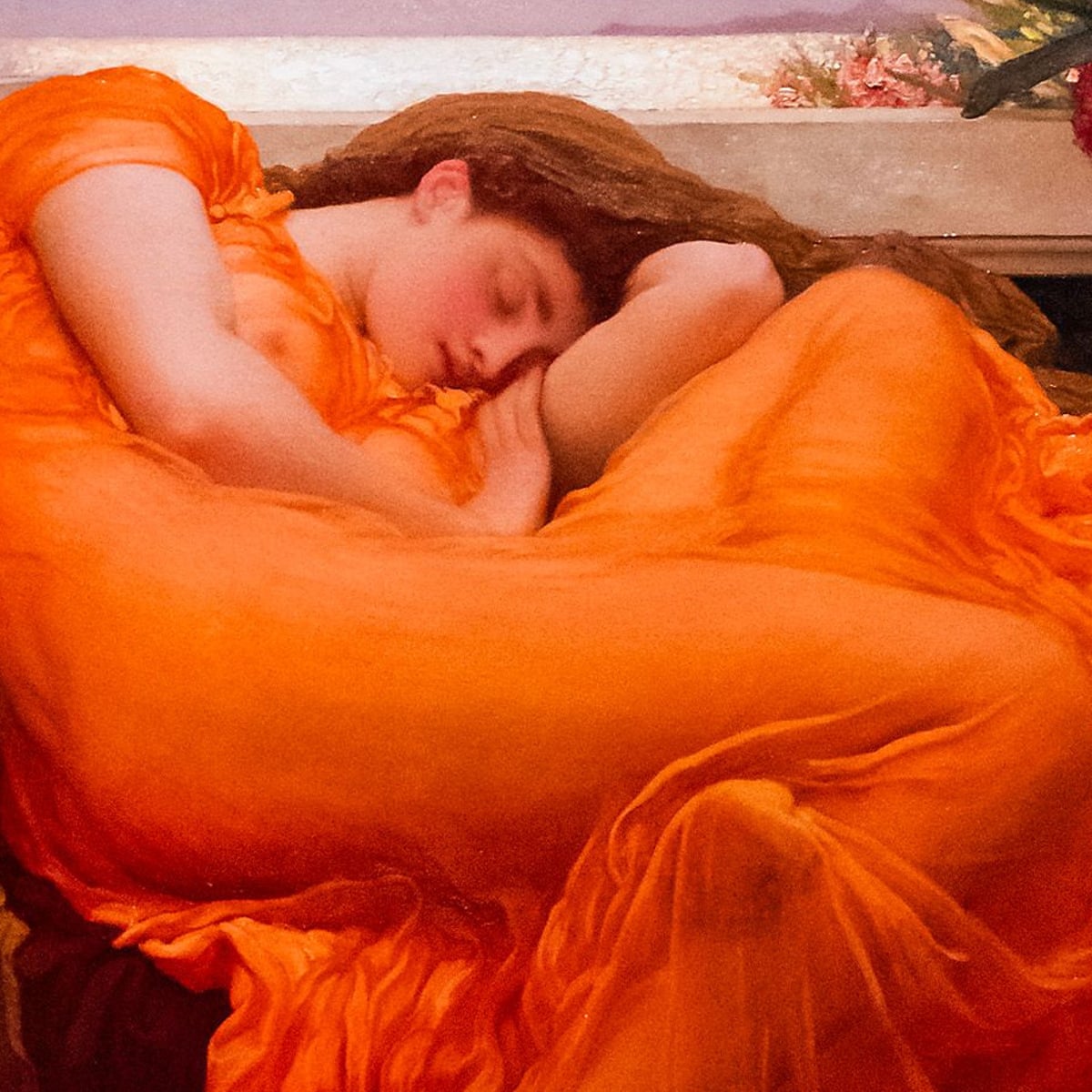 famous painting of woman sleeping in orange dress Flaming June Jigsaw Puzzle