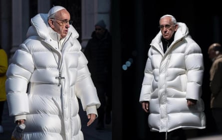 AI generated deepfake images of Pope Fancis wearing a white puffer jacket