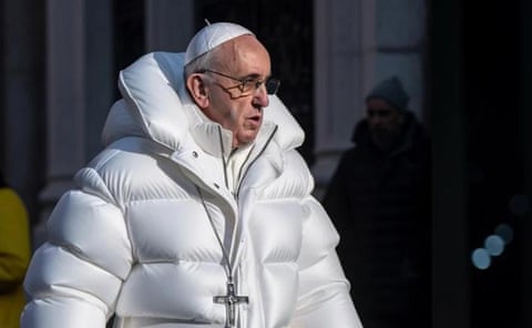 An AI generated deepfake image of pope Francis wearing a puffer jacket. Taken off Reddit