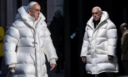 An AI-generated deepfake image of Pope Francis wearing a puffer jacket.
