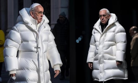 An AI-generated deepfake image of Pope Francis wearing a puffer jacket
