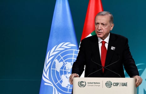 Turkish President Tayyip Erdogan delivers a national statement at the World Climate Action Summit during the United Nations Climate Change Conference (COP28) in Dubai, the United Arab Emirates.