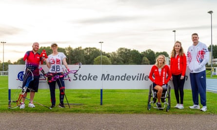 Athletes athe Stoke Mandeville flame lighting announcement in October 2023: Matt Stutzman, Jodie Grinham, Amy Conroy, Siobhan Fitzpatrick and Lee Manning