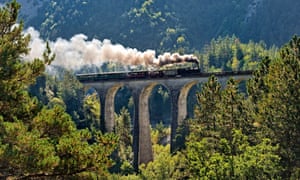 The Train des Pignes crossing the Donne viaduct in Provence.