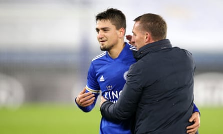Brendan Rodgers and Cengiz Under celebrate Leicester's 2-0 victory.