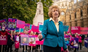 Baroness Meacher joins demonstrators, including Humanists UK’s members and supporters, during a protest outside the Houses of Parliament in London to call for reform as peers debate the new assisted dying legislation.