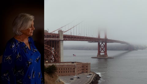 two images: left, woman looks down, right: golden gate bridge covered in cloud