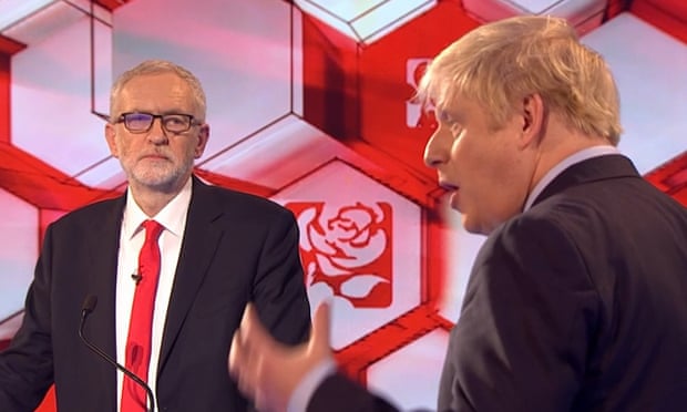Jeremy Corbyn and Boris Johnson during TV debate.