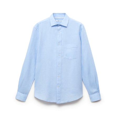 A light blue buttoned-up linen shirt. It has long sleeves and is on a white background.