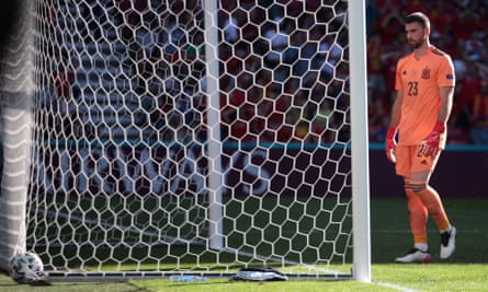 Unai Simón retrieves the ball from the net after his error against gave Croatia the lead at Euro 2020