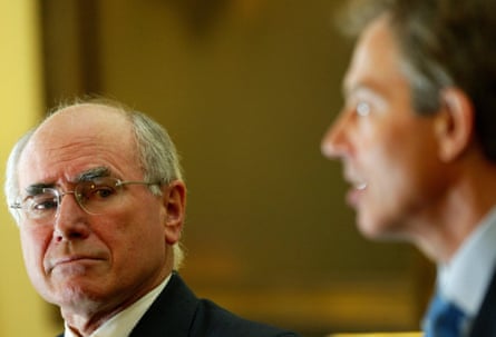 John Howard and Tony Blair at a joint news conference in the UK in 2003