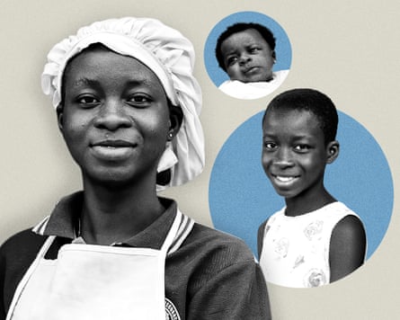 A picture of a young African woman with two images of her as a child