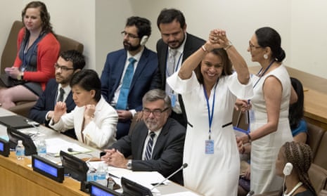 Elayne Whyte Gómez, president of the UN conference on nuclear weapons, reacts after the vote.