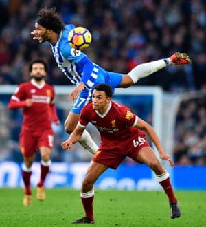 Brighton’s English midfielder Izzy Brown (L) jumps against Liverpool’s English midfielder Trent Alexander-Arnold (R) during the English Premier League football match between Brighton and Hove Albion and Liverpool at the American Express Community Stadium in Brighton.Brighton lost 1 v 5 and have gone five home leagues games without a win (D4 L1) for the first time since April 2015.