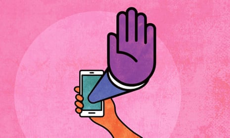 Illustration of giant hand in 'stop' gesture coming out of a smartphone screen