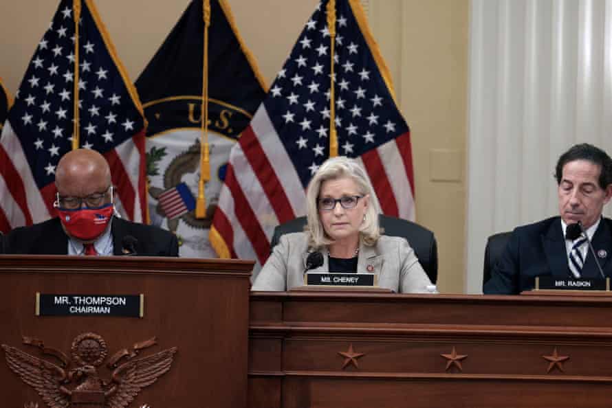 Republican epresentative Liz Cheney, center, vice-chair of the Capitol attack committee speaks during a meeting on Capitol Hill on 13 December.
