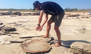 Bart Pigram identifies ancient Sauropod dinosaur footprints off Gantheaume Point beach near Broome.