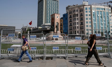 Barricades erected by police around the city’s landmark Taksim monument on the third anniversary of Gezi Park protests in Istanbul.