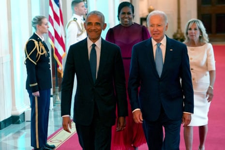 Barack Obama and Joe Biden, followed by former first lady Michelle Obama and first lady Jill Biden, arrive for a ceremony to unveil the Obamas’ official White House portraits.