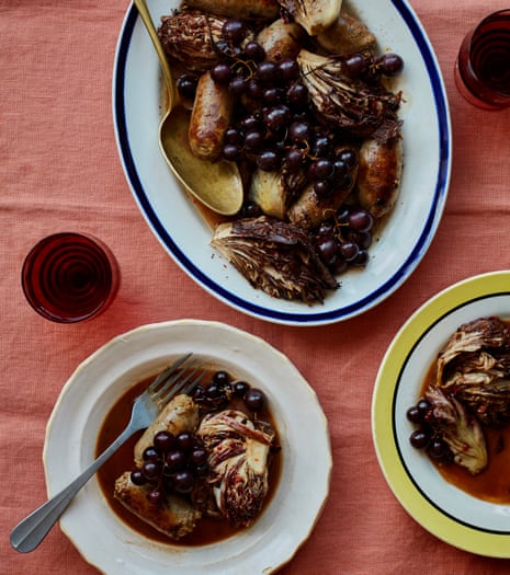 Ravinder Bhogal’s sausages with pomegranate molasses, roast grapes and radicchio.