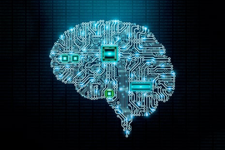 Human electronic brain printed circuit board with components and CPU on binary code background.