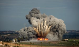 A bomb dropped by a US-supplied Israeli air force F-16 jet explodes in the Palestinian town of Beit Hanoun in the Gaza Strip, on 3 January 2009.