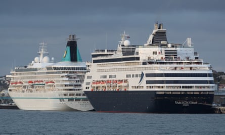 The Artania and Vasco Da Gama cruise ships berthed at the Fremantle Passenger Terminal on 27 March 2020