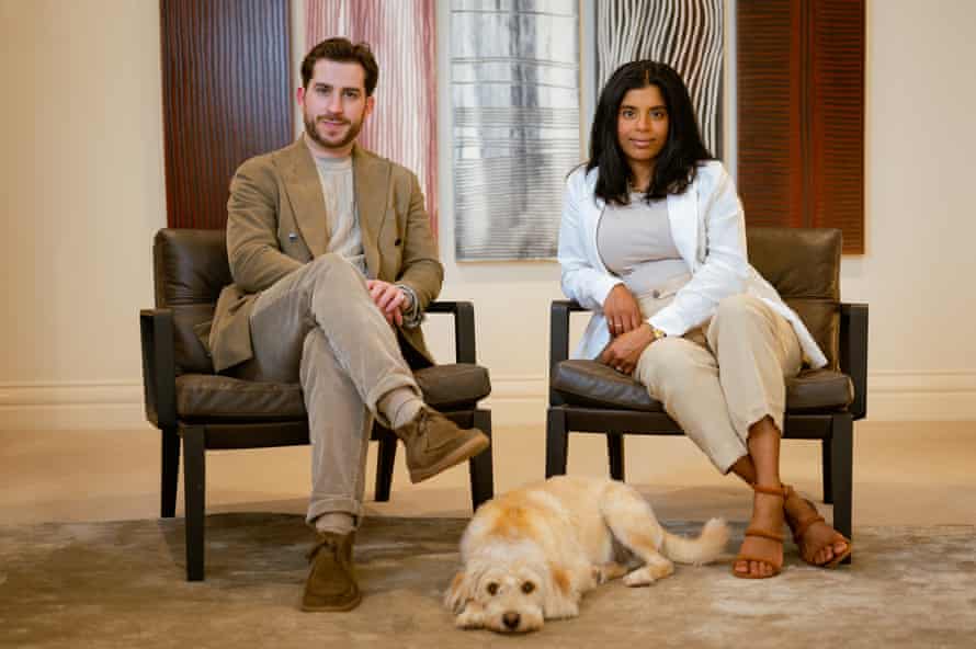 Menswear designer Christian Kimber, with his wife Ren and their pet dog Ralph.
