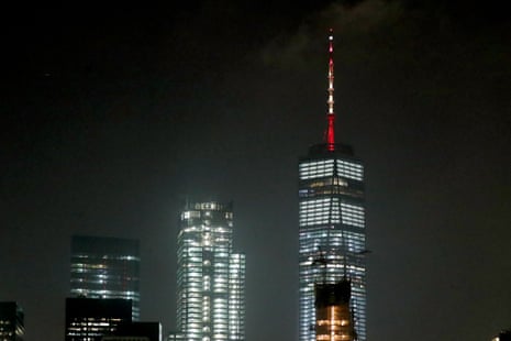 One World Trade Center spire lit with the colours of the Spanish flag.