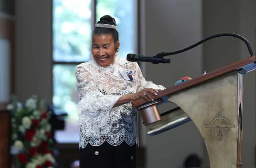 Clayton speaking at the funeral of John Lewis in 2020. She helped to organise the 1963 March on Washington alongside Lewis.