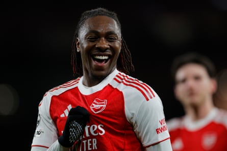 Eberechi Eze of Arsenal celebrates scoring in the Champions League.
