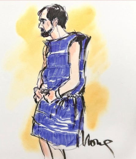 A courtroom sketch of Nick Reiner, wearing a blue protective vest, making his first court appearance on murder charges for the killing of his parents Rob and Michele Singer Reiner on 17 December.