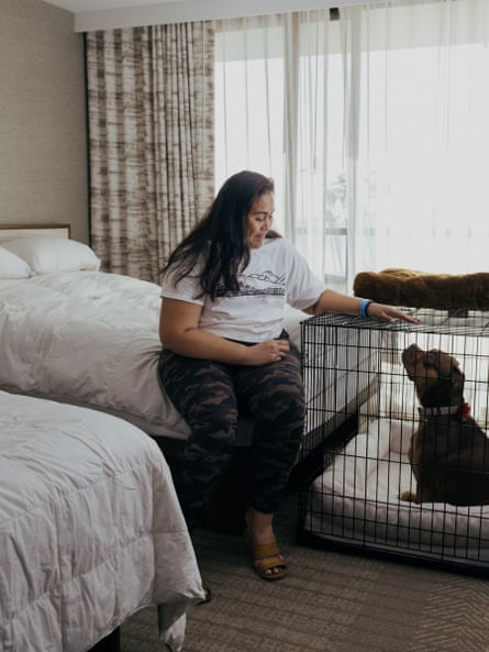 Woman smiles as she puts hand on dog’s crate in hotel room, with dog looking up at her